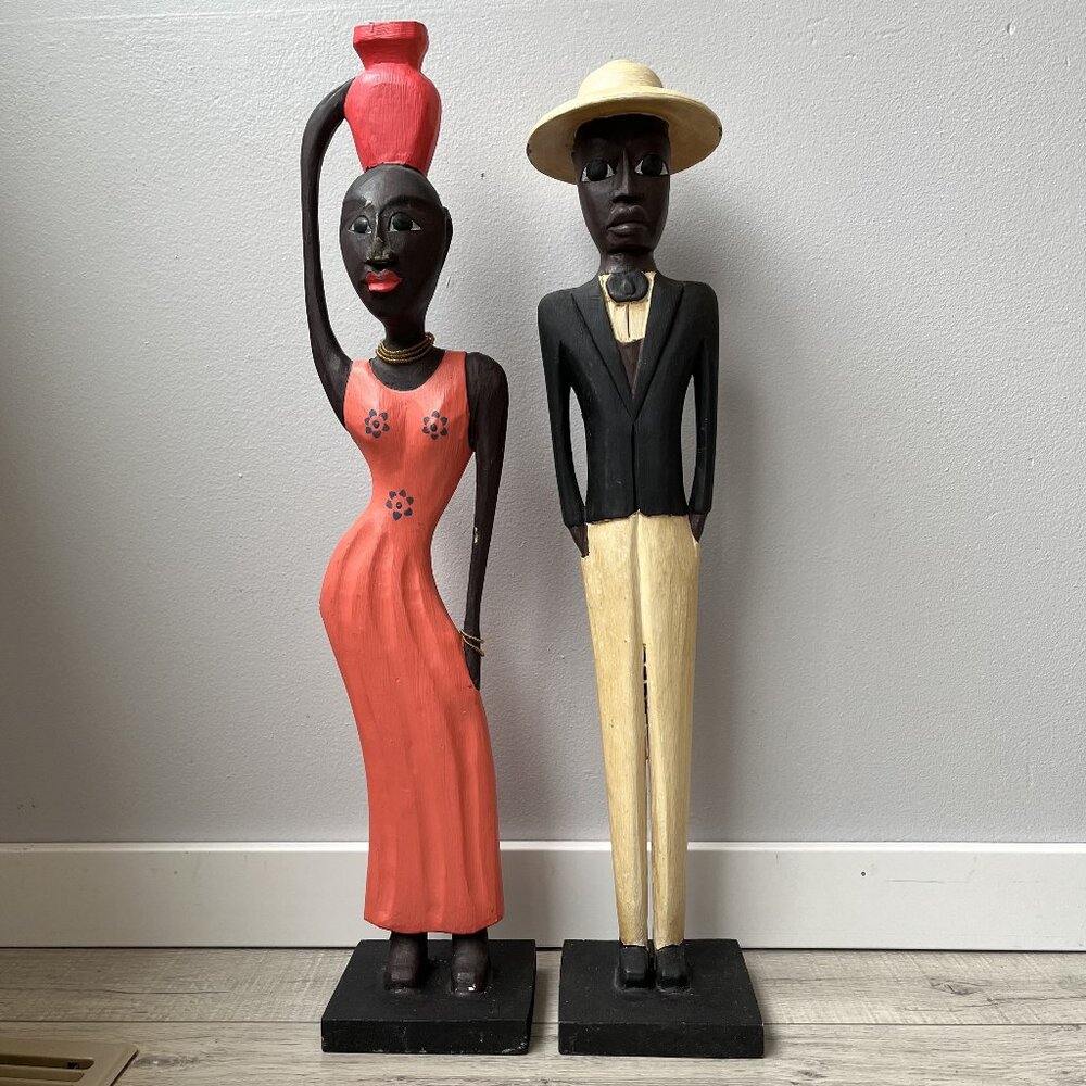Hand Carved Wooden Colonial African Figures Man and Woman Tall 24.5"